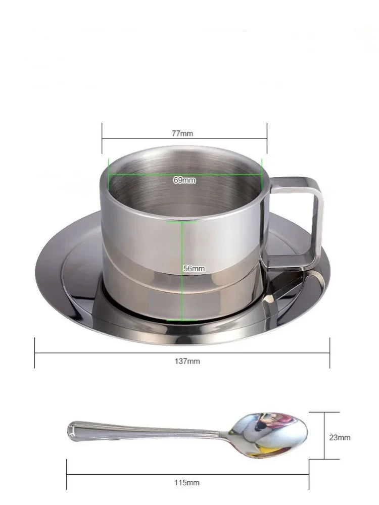 1Set Stainless Steel Coffee Cup Set Double Walled Heat Resistant Mug with Saucer Spoon Drink Tableware Kitchen Cafe Accessories.