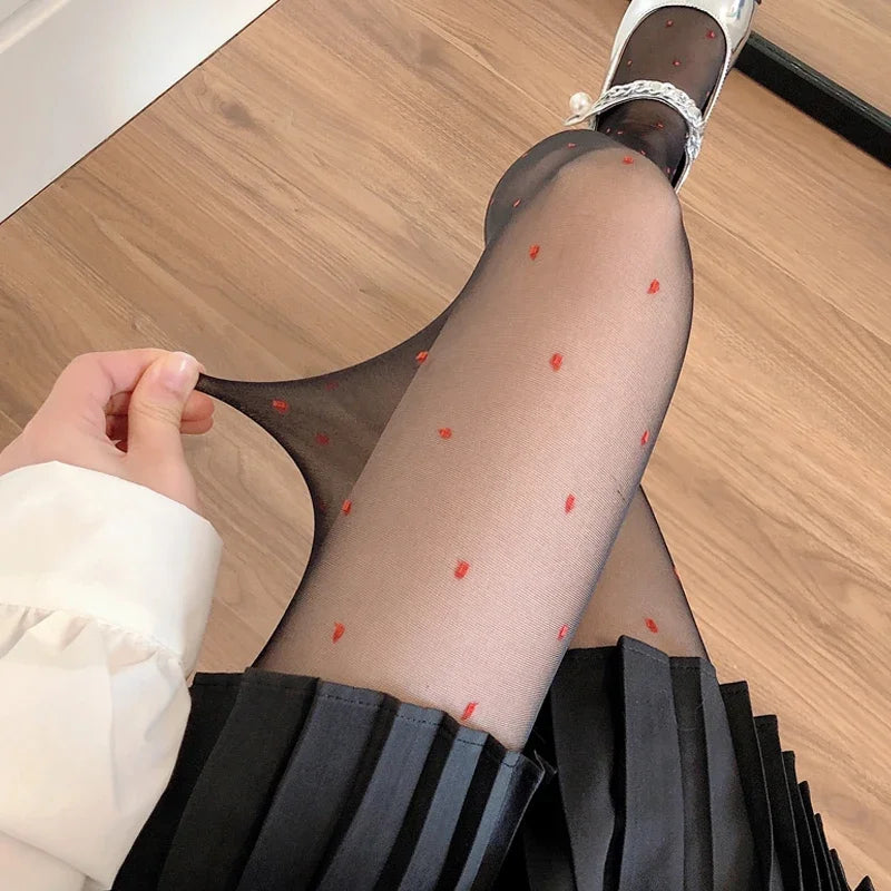 Sheer Kawaii Hosiery Ultra Thin Medias New JK Lolita Girl Thigh High Pantyhose Red Heart Print Women Tights Nylon Body Stockings.