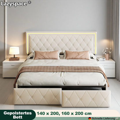 Lazyspace PU-Polsterbett, weißes Einzel- und Doppelbett mit Lattenrost, Holz, mit 4 Schubladen und LED-Kopfteil