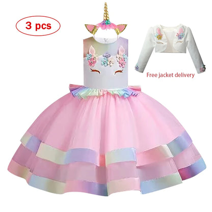 2023 Neues Regenbogen-Einhorn-Kleid für Mädchen, besticktes Tanzkleid, Halloween-Performance-Kleidung, Kinderkleidung, 3–10 Jahre alt