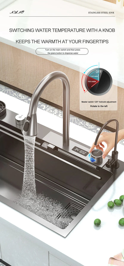Waterfall Sink Kitchen Stainless Steel Topmount Sink Large Single Slot Wash Basin With Multifunction Touch Waterfall Faucet