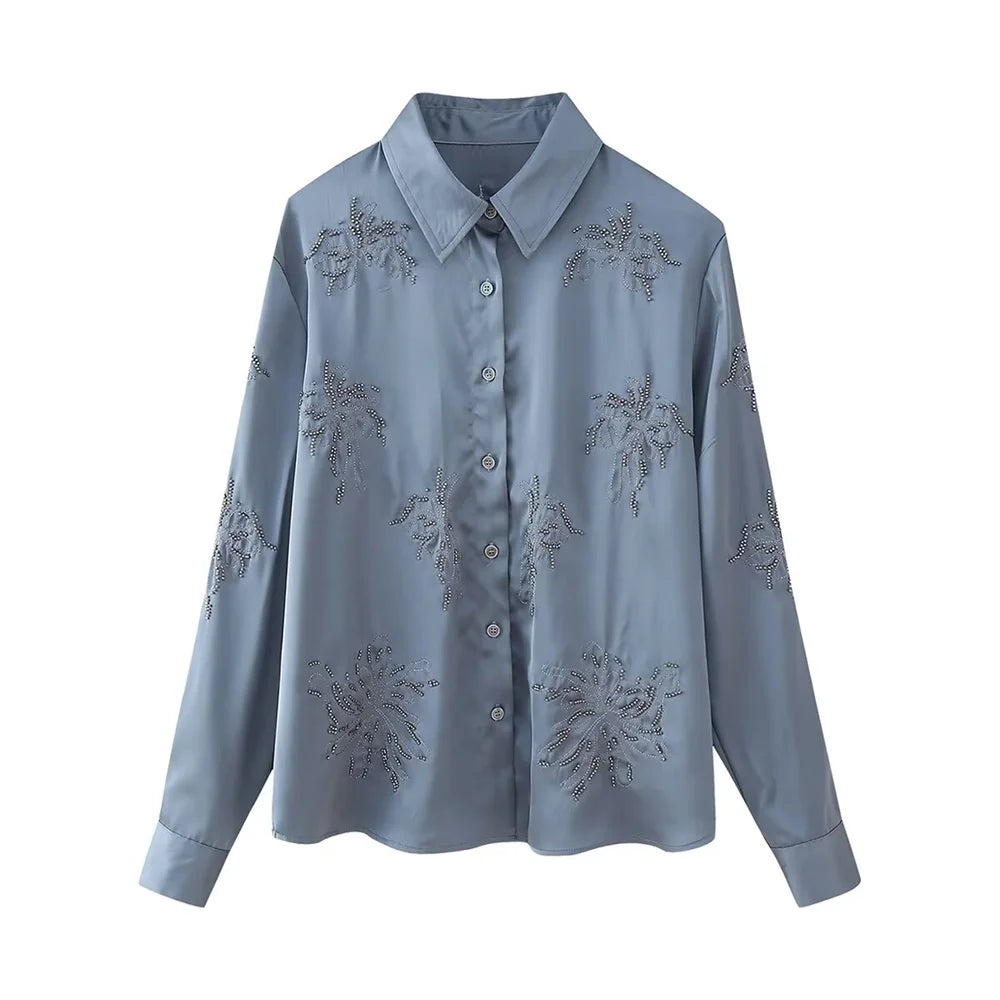 Summer New Product Women's Style Flip Collar with Beaded Embroidered Shirt, High Waist Straight Leg Pants Set