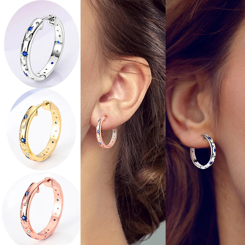925 Sterling Silver Gold Color Circular Hoop Earrings Golden Earring Fit Original Charms Diy Fine Jewelry For Fashion Women.