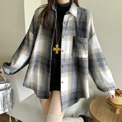 Zjaiss Women Thick Woolen Plaid Blouse Loose Long Sleeved Tops 2025 Autumn Winter New Casual Shirt Long Shirts