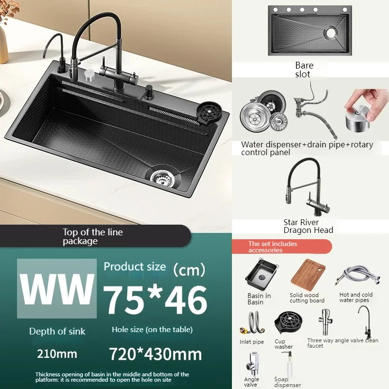 Stainless Steel Kitchen Sink With Waterfall Nano Embossed Large Single Slot Vegetable and Dishwashing Sinks Udermount Basin