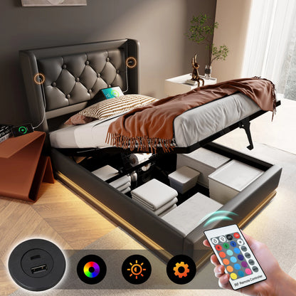 Merax Polsterbett 90x200 Einzelbett USB C Kopfteil 3seitige LED Hydraulik Stauraumbett Schwarz PU