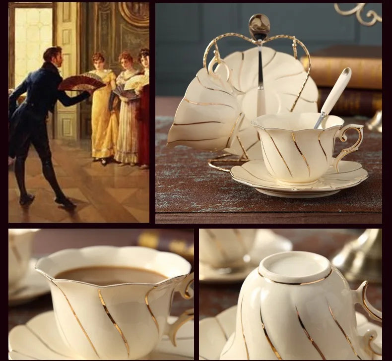 Exquisite Europe Noble Bone China Coffee Cup Saucer And Spoon Set with Gold Ceramic Cappuccino Afternoon Tea Cup.
