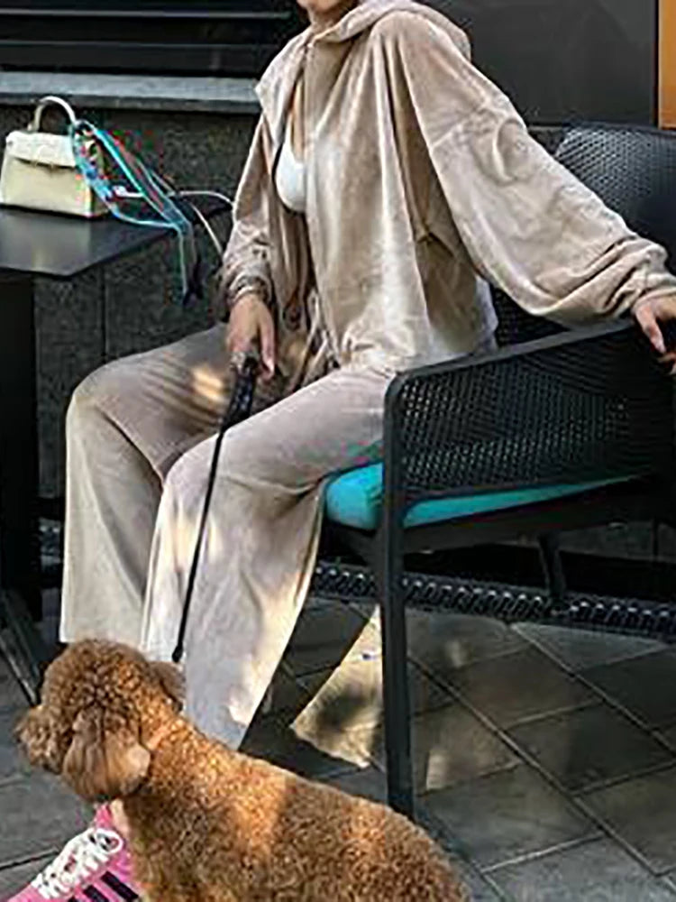 Women Autumn Hooded Coat Two Pieces Sets, Solid Patchwork Wide Leg Pants Chic Outfit, New Long Sleeve Casual Simple Ladies Suits