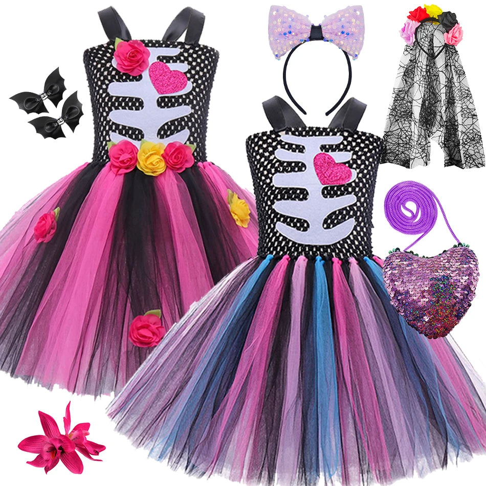 Halloween Kinder Kleid Cosplay Herz druck Skelett Kostüme Mädchen Blumen Schädel Tutu Kleidung Kinder Karneval Leistung Outfits.