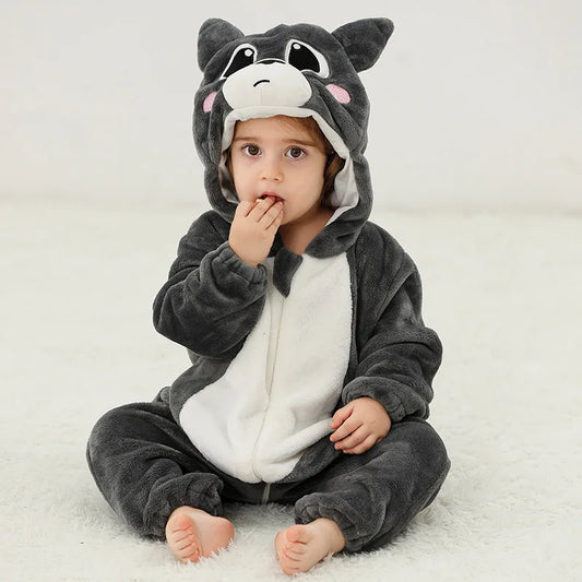 Graue Katze Stram pler Baby Junge Mädchen Pyjama Neugeborene Bebe Kleidung niedlichen Body suits Flanell warme einteilige Winter Halloween Tier Outfit.