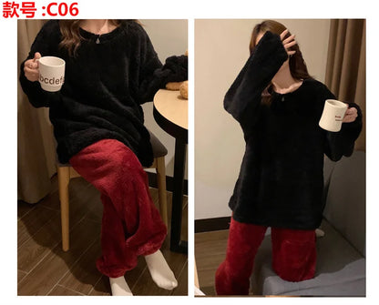 Winter Fleece Women Pajamas Set  Sleepwear Solid Velvet 2 Piece Pant Home Suit Fluffy Casual Warm Flannel Night Wear