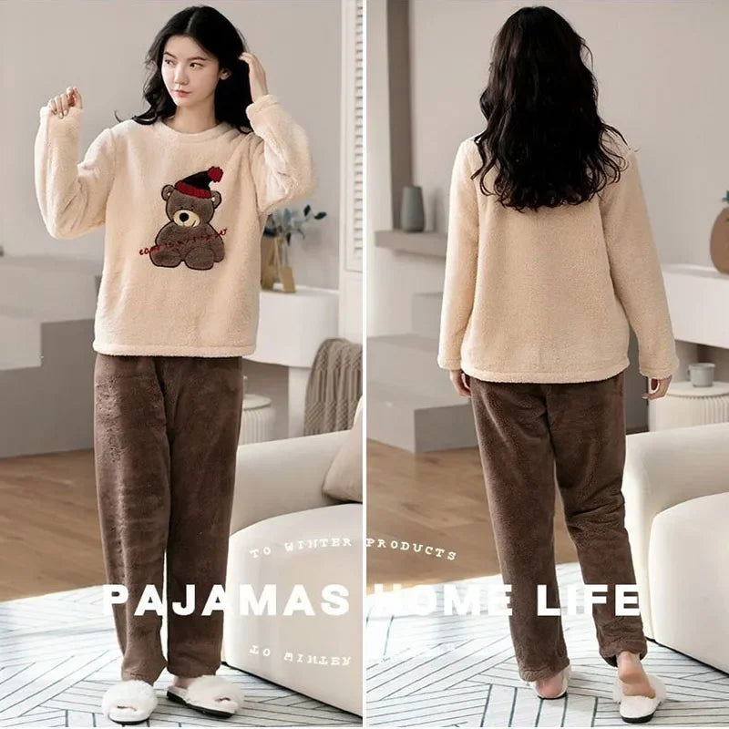 Verdickte warme große Größe gepolsterte Herbst und Winter Damen Pyjama Top und Hose Set Korallen Samt Damen Cartoon Bär 2 Teile/satz.
