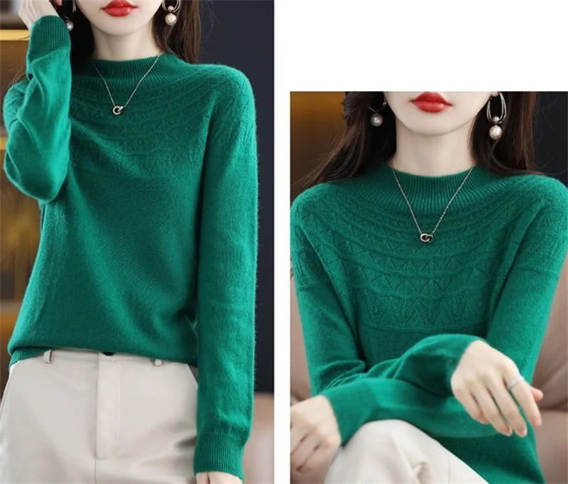 Neuer Kaschmirpullover für Damen, Herbst und Winter, 100 % reine Wolle, Hemden, Strickpullover, ausgehöhlte Strickwaren, weiche Pullover.