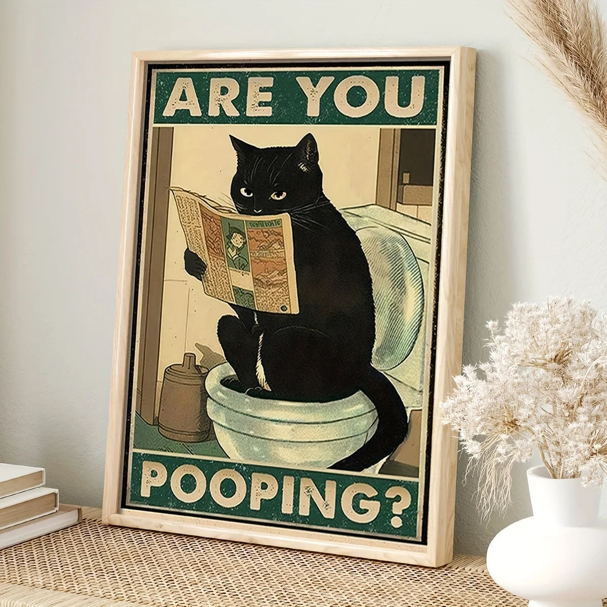 Art quote you are pooping black cat kitten reading newspaper in toilet funny animal poster retro art living room decoration.