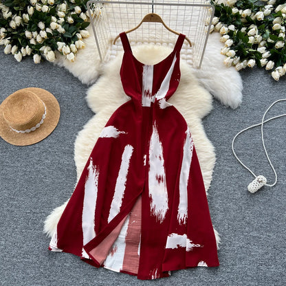 Neue Sommer Druck Süße Kleid Träger O Neck Backless Split Elegante Damen Urlaub Strand Party Midi Sommerkleid