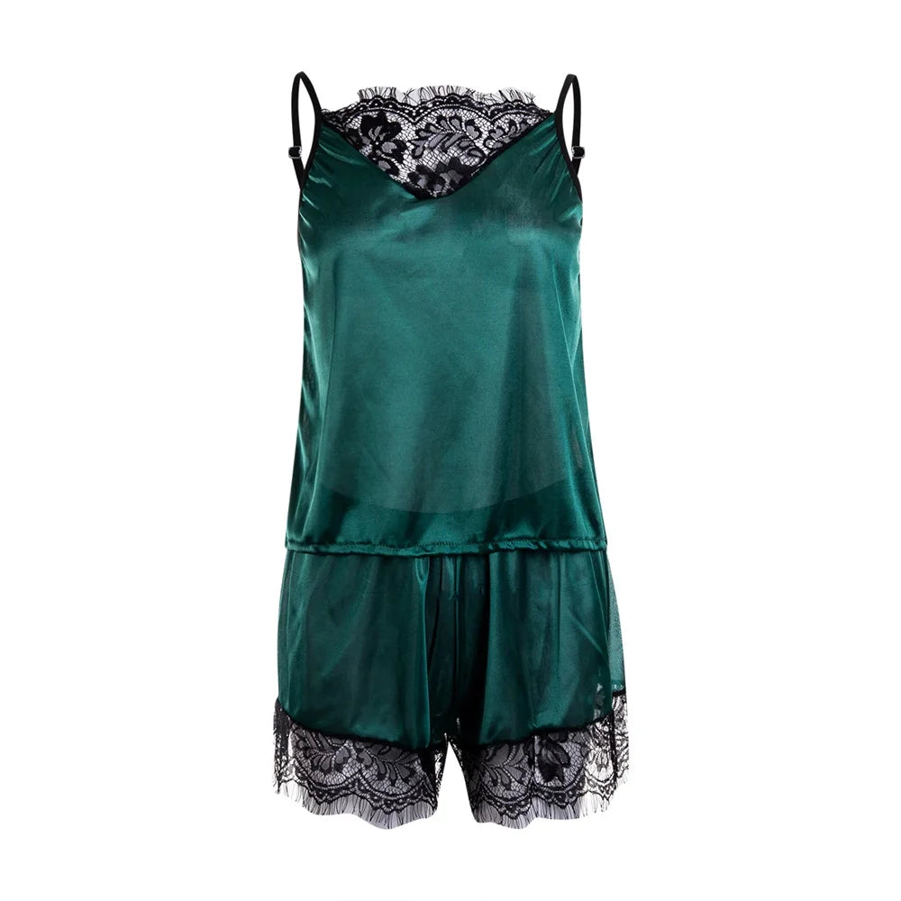 2 Stück sexy Pyjama Set Frauen sexy Spitze Patchwork Satin Seide Spaghetti träger Top heiße Shorts Pyjama Frauen Nachtwäsche Femme Pyjamas