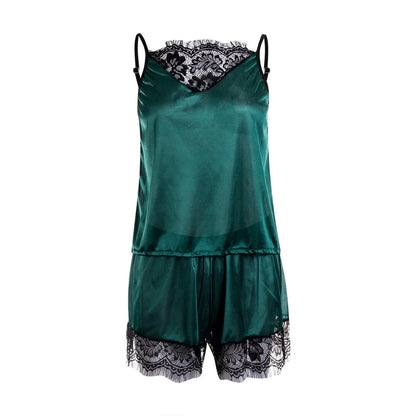 2 Stück sexy Pyjama Set Frauen sexy Spitze Patchwork Satin Seide Spaghetti träger Top heiße Shorts Pyjama Frauen Nachtwäsche Femme Pyjamas