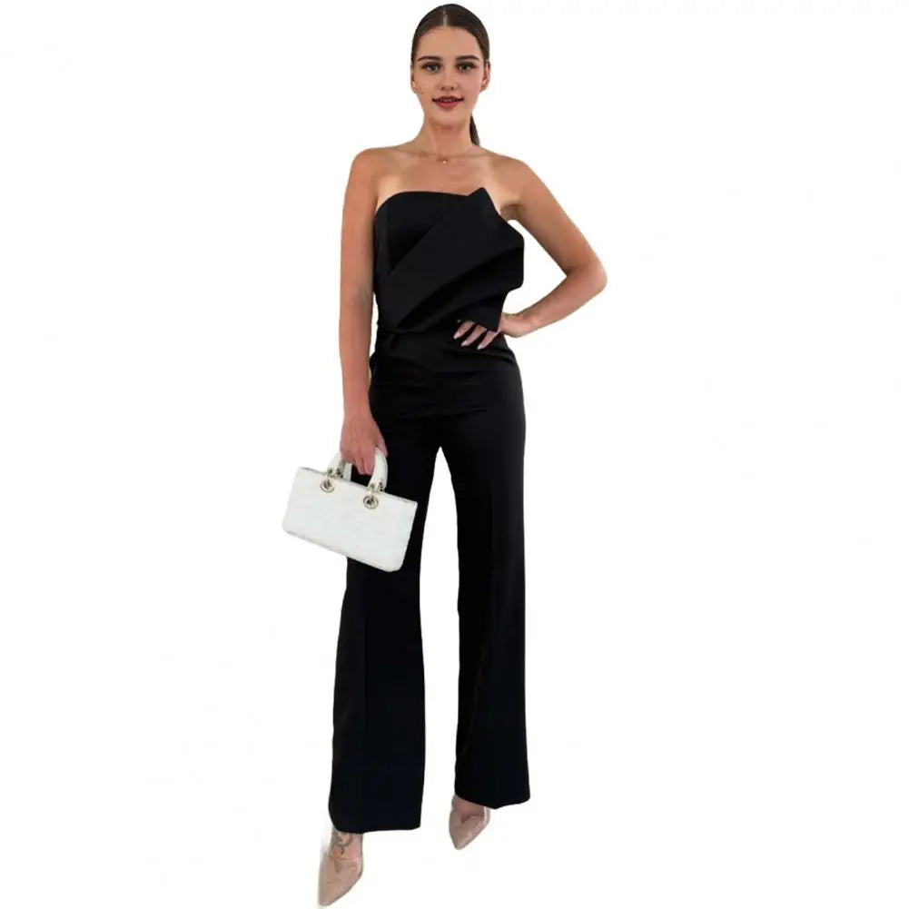 Neck-lengthening Jumpsuit Elegant Women's Strapless Jumpsuit Stylish Off Shoulder Romper with High Waist Wide Leg Chic for Women.