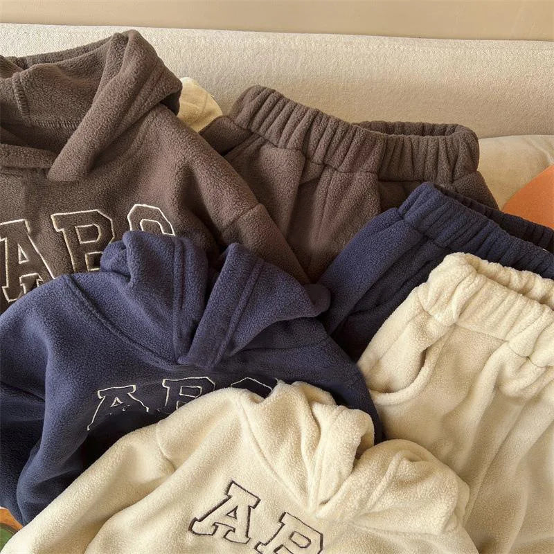 2025 Autumn Winter Boys Clothing Set Double-Sided Velvet Letter Print Thick Hoodies+Pants 2Pcs Suit For 1-8Y Girls Warm Outfit.