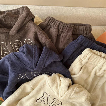 2025 Autumn Winter Boys Clothing Set Double-Sided Velvet Letter Print Thick Hoodies+Pants 2Pcs Suit For 1-8Y Girls Warm Outfit.