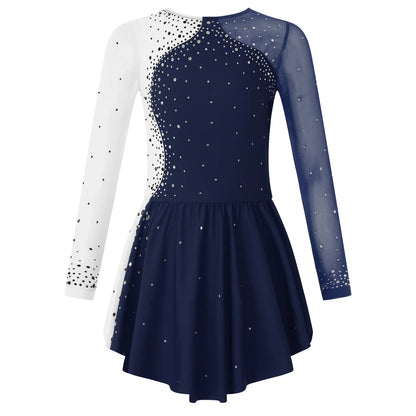 6-16Y Mädchen Eiskunstlauf Tanz Kleid Ballett Gymnastik Trikot Langarm Shiny Strass Sheer Mesh Leistung Dancewear