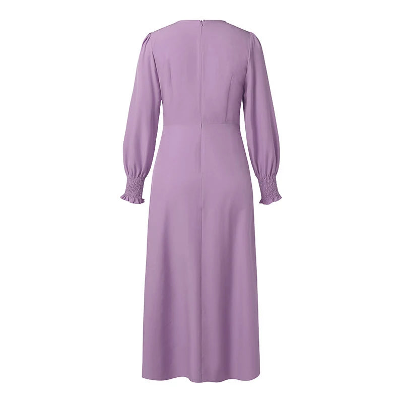 ZANZEA Elegantes Damen-Plisseekleid, edel, gesmokte Bündchen, langärmelig, O-Ausschnitt, Fit und Flare, lang, Vestidos, Pendeln, solide Party-Roben.