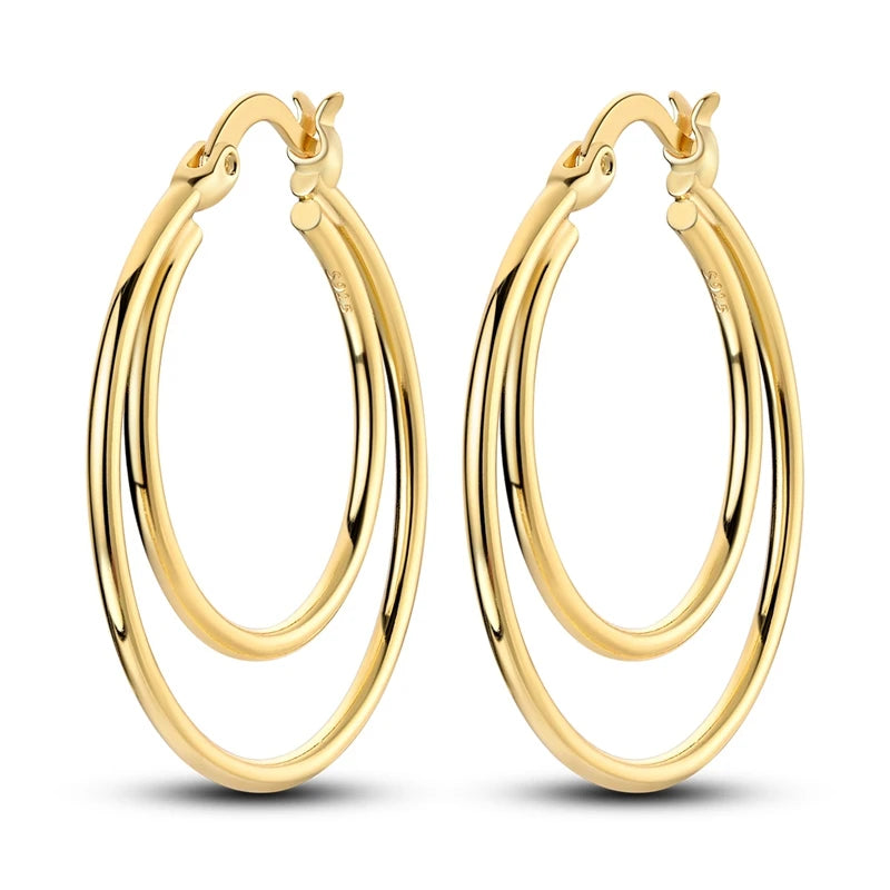 925 Sterling Silver Gold Color Circular Hoop Earrings Golden Earring Fit Original Charms Diy Fine Jewelry For Fashion Women