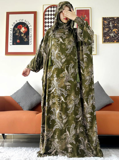 Promotion New Two Hat Women Abaya With Hooded Floral Casual Long Sleeve Abaya Tassel Muslim Saudi Prayer Kaftan Oriental Robes.