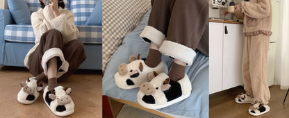 Shevalues Plush Cartoon Milk Cow Slippers Winter Women Slippers Furry Non-Slips Women Cotton Slides Couples Soft Cozy Flat Shoes.