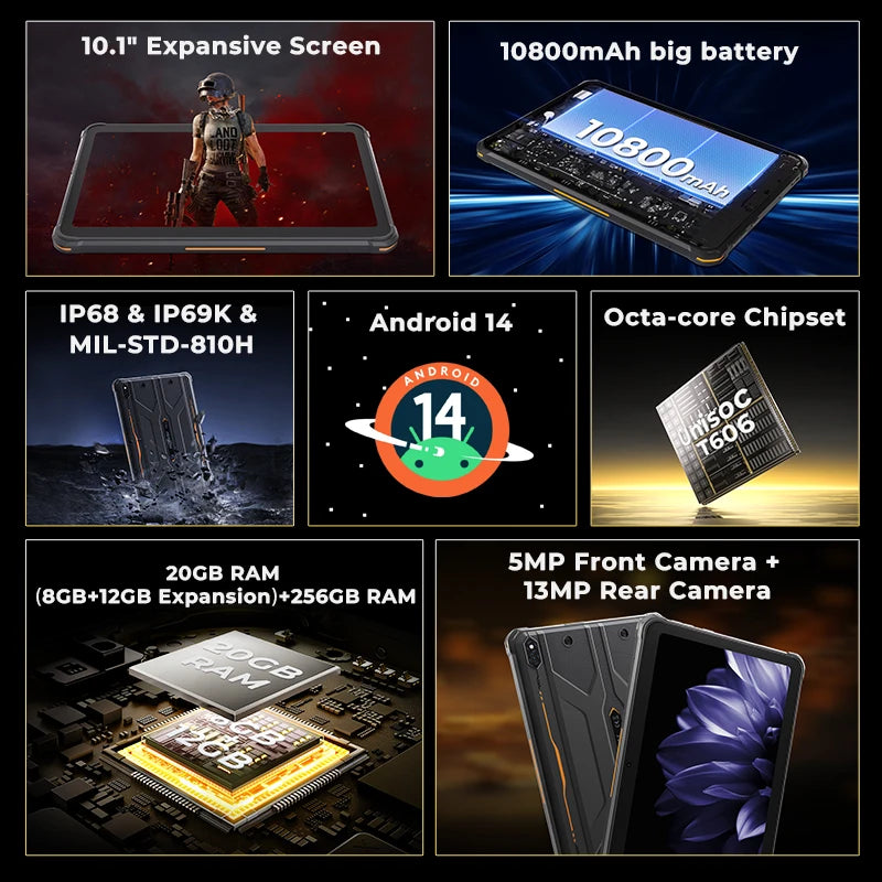HOTWAV R10 Pro Rugged Tablet Android 14 10.1'' HD+ 13MP Camera Pad 10800mAh Battery 8GB 256GB 8-core OTG Charging Tablet PC.