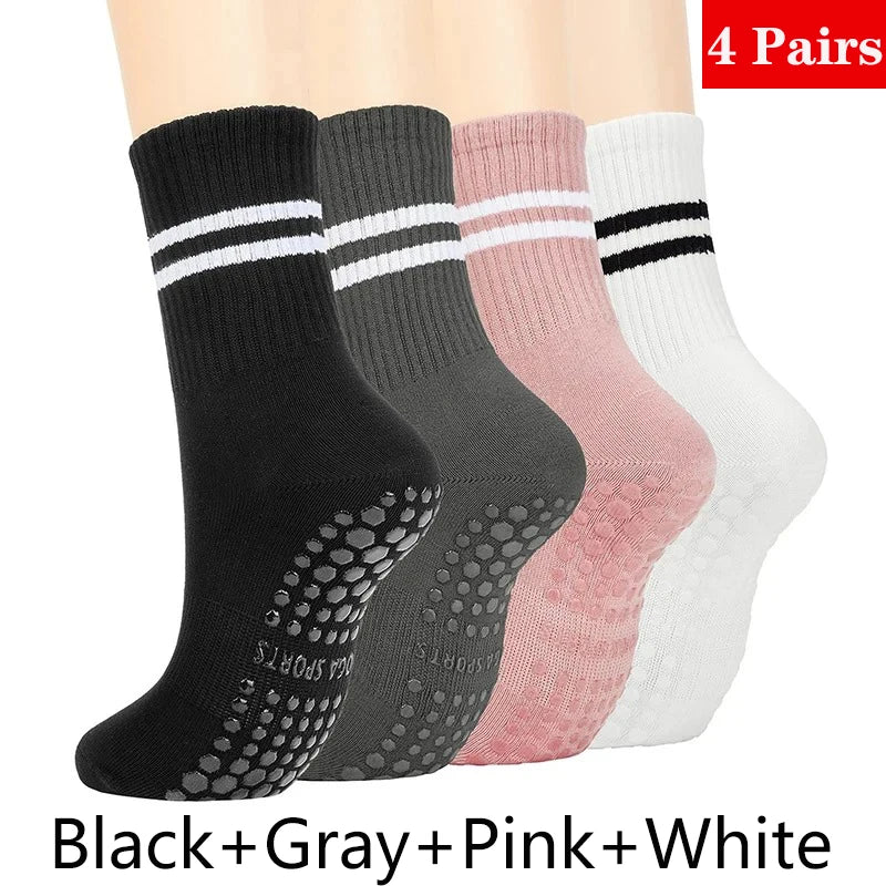 4 Pairs Yoga Socks for Women Professional Non-slip Silicone Mid-tube Pilates Socks Indoor Fitness Gym Dance Sports Floor Socks