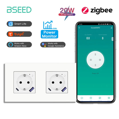 BSEED Zigbee Smart AC Steckdose EU Steckdosen mit USB Typ-c Schnellladeanschlüssen Tuya Smart Life Alexa App Kunststoffrahmen Weiß.