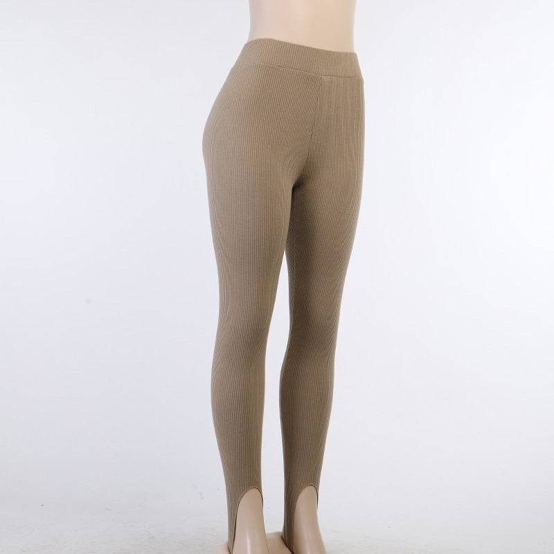 Beige Ribbed Knit Leggings Women High Waist Cotton Fitness Basic Pants Casual Spring New All-Match Female Skinny Leggings