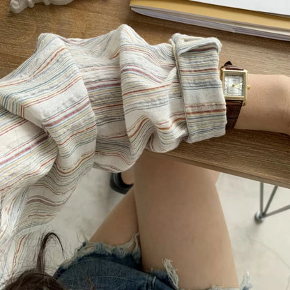Vintage Office Lady Striped Shirt Spring Pocket Turn Down Collar Tops Korean Style Loose Long Sleeve Blouse Casual Women Clothes.
