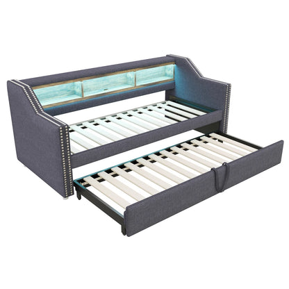 Ausziehbares Schlafsofa 90/180 x 190 cm, multifunktionales Aufbewahrungsfach, LED-Licht und USB-Buchse, mit Gitter, Dunkelgrau