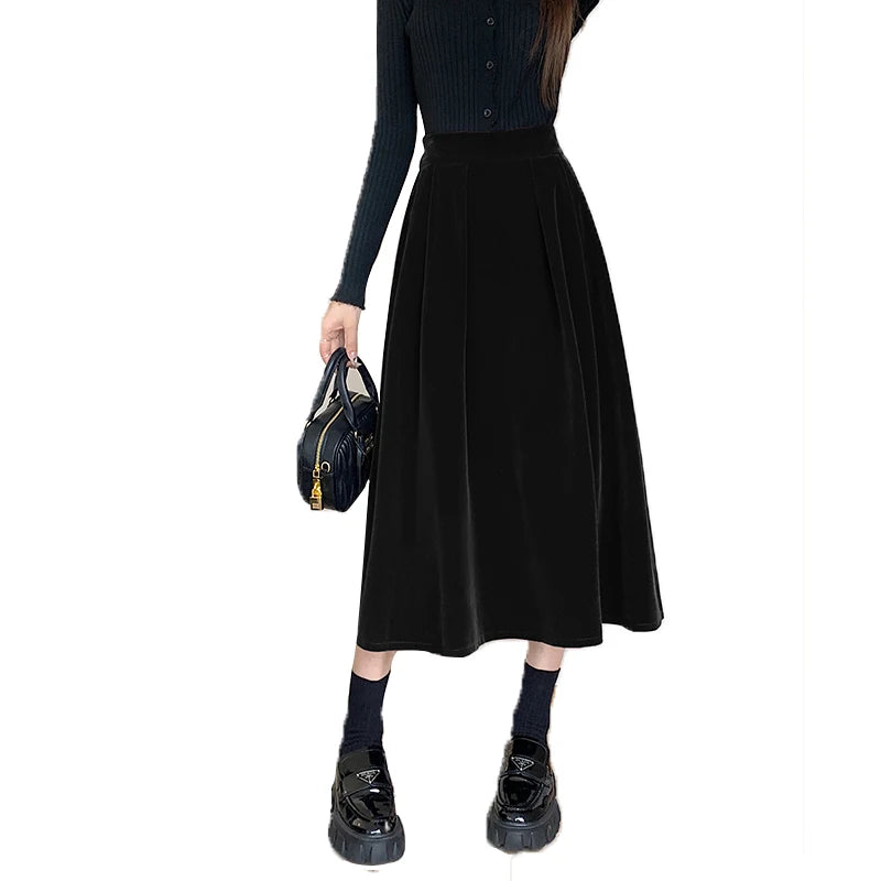 Autumn Winter Warm Vintage Red Elegant Velvet A-line Skirt For Women 2023 High Waist Casual Black Party Pleated Big Swing Skirts.