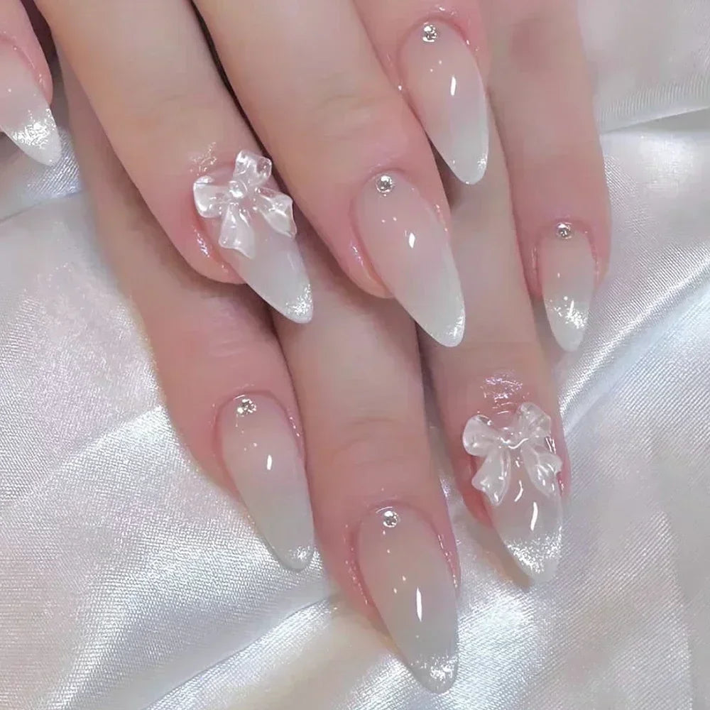 White Glitter Powder Bowknot Long Pointed Fake Nails Art Ballet False Nail Cow Print Pearl Rhinestone Pink Almond Press on Nails
