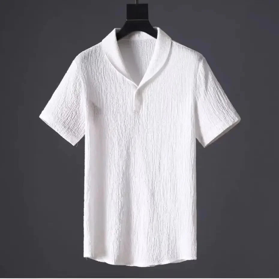 Summer Lightweight Pleated Cotton Casual Sports Set Men's Thin Comfortable Breathable Fashionable Collar Short Sleeve Two-Piece