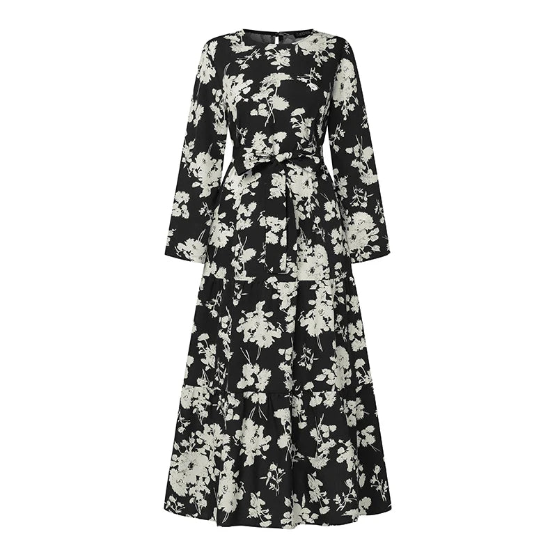 Zanzea Blumen druck böhmischen Maxi kleid Frauen Mode Langarm o Hals abgestufte Vestidos islamische muslimische Gürtel Abaya lange Roben.