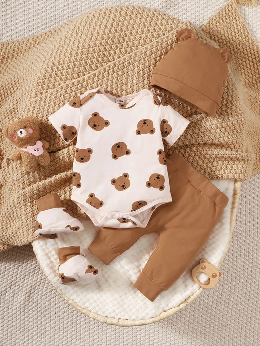 4PCS Clothing Set 0-9 Months Newborn Baby Boy Bear Short Sleeve Romper+Pants+Hat+Sock Infant Baby Full Moon Photography Outfits.
