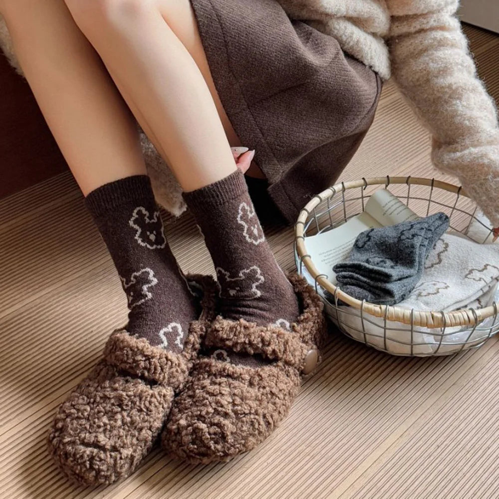Christmas Gift Socks Women Winter Keep Warm Wool Socks Cute Bear Cartoon Happy Funny Kawaii Daily Streetwear Woman Floor Socks.