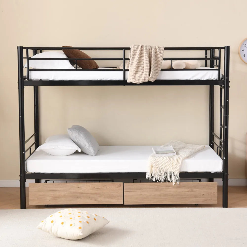 Etagenbett aus Metall, 90 x 200 cm, Etagenbett mit ausklappbarem Bett, erweiterbar auf zwei Einzelbetten oder Erwachsenenbetten, Schwarz