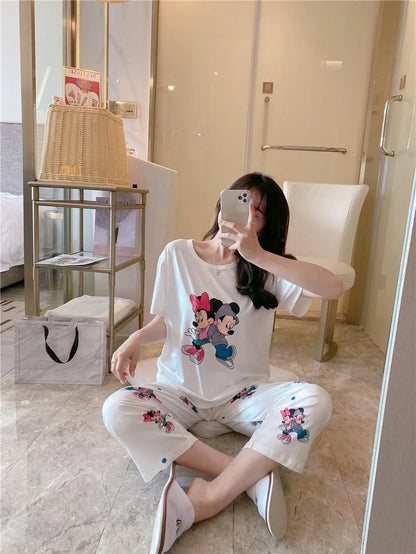 Sommer Pooh Bär Nachtwäsche frauen Lose Bequeme Cartoon Print Hause Kleidung Set Kurzarm Nachthemd Mickey Pyjama Set