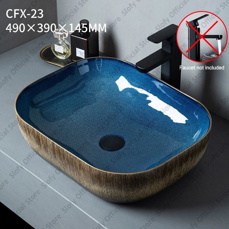 Vintage Elegant Countertop Washbasin Classic Blue Art Hotel Ceramic Basins Sink Multiple Styles Outdoor Balcony Bathroom Sinks