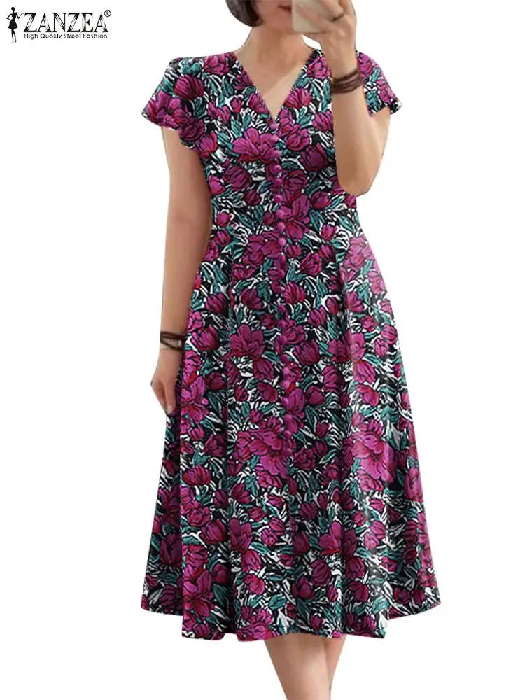 ZANZEA Elegante Frauen Floral Print Midi Kleid Sommer 2025, Casual Rüschen Kurzarm V-ausschnitt Vestidos Mode Cinched Taille Roben.