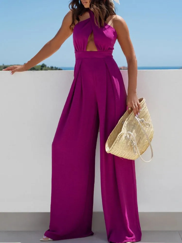 Sexy Backless Halter Neck Sleeveless Bandage Jumpsuit Summer Women Fashion Red Black Hollow Out Wide Leg Jumpsuits Streetwear