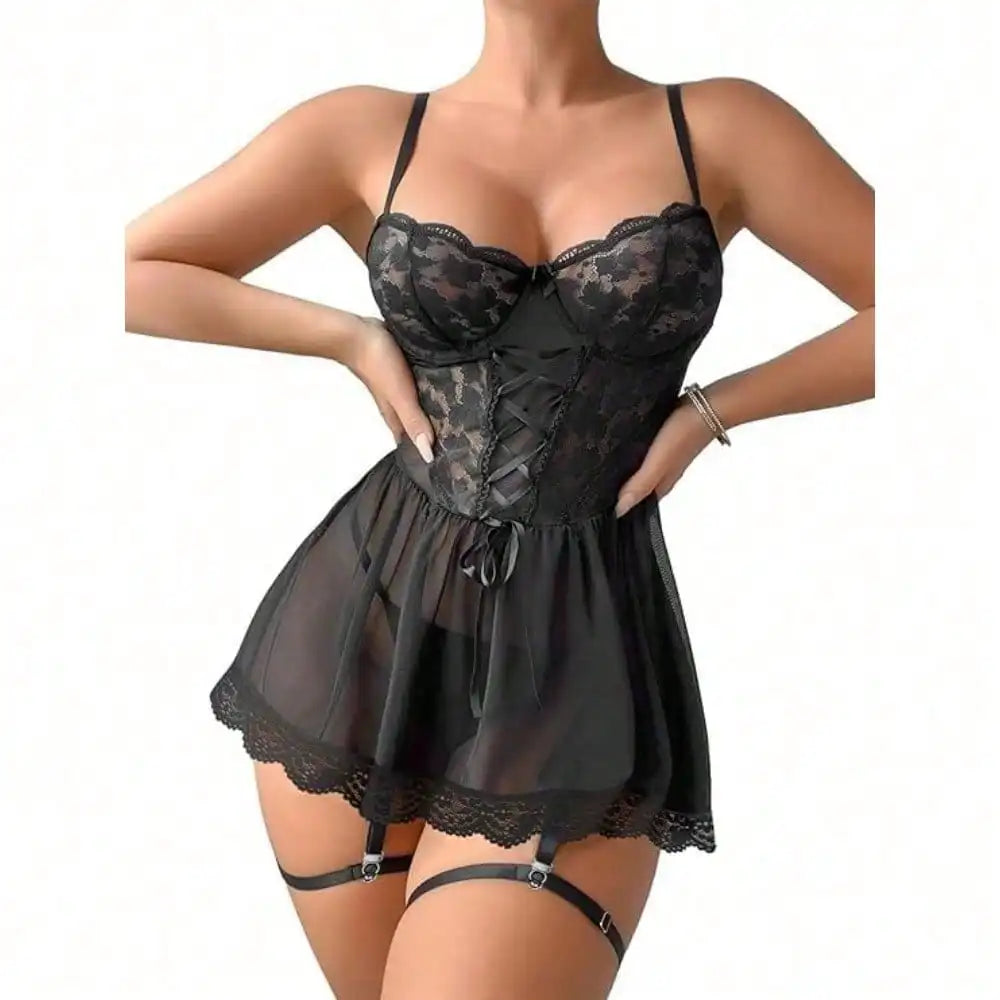 Sexy Garter Belt Mesh Lace Lingerie Dress Set With Thong.