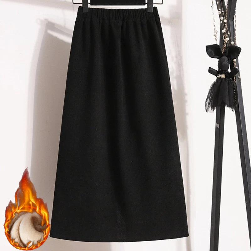 2025 Autumn Winter Plus Size Skirts Women High Waist Solid A-line Skirt Back Slit Korean Thick Elegant Fleece-lined Style Skirts.