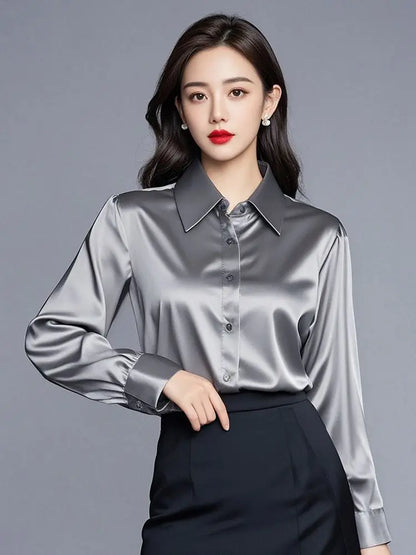 Elegant Silk Office Shirts Women Korean Fashion Y2k Clothes Slim Long Sleeve White Black Blusas Mujer Workwear Tops and Blouses