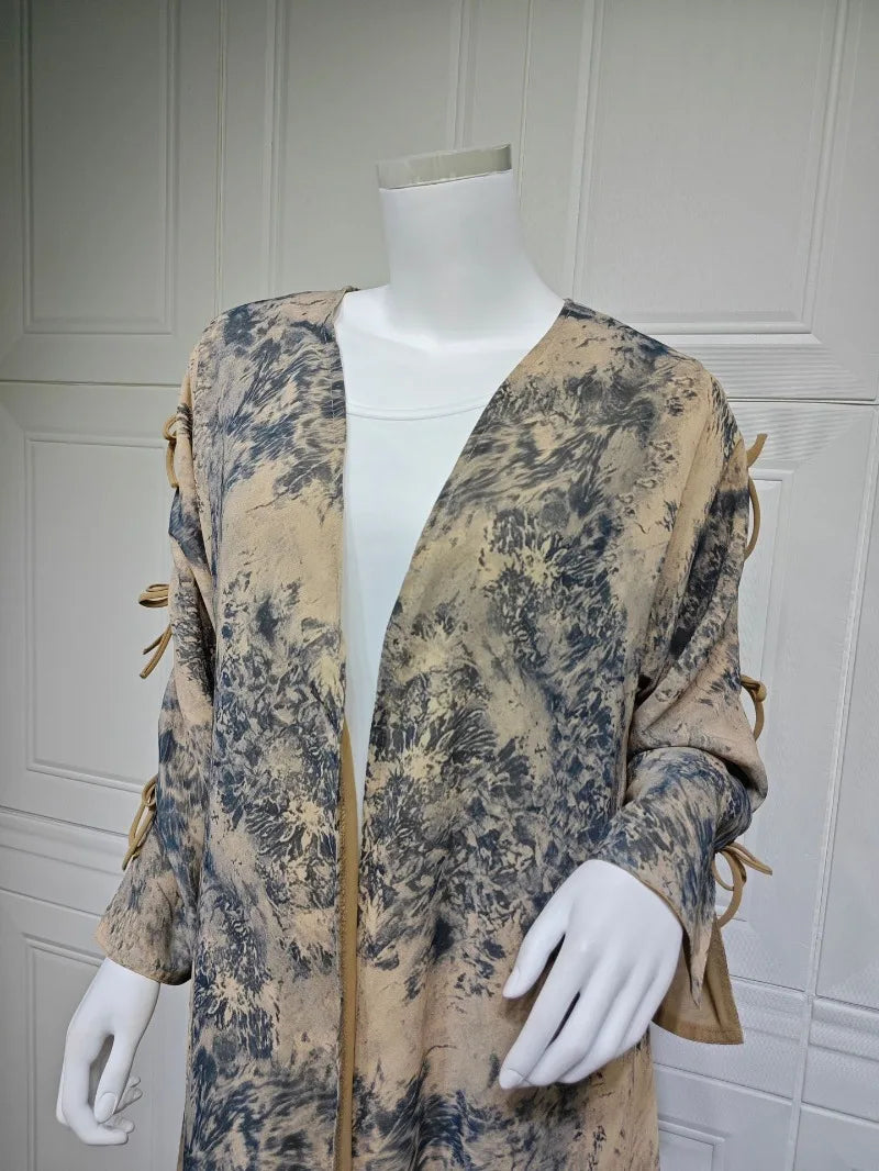 2025 sommer Arabisch Frauen Muslimische Kleidung Ramadan Dubai Offene Abaya Kleid mit Hijab Islam Gedruckt Chiffon 2 Stück Outfit